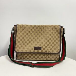 Gucci Tan Monogram Messenger Bag with Tricolor Strap Unisex